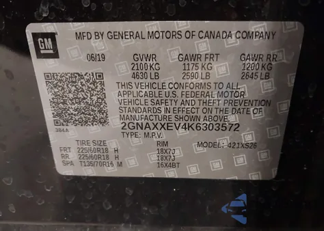 2019 Chevrolet Equinox Premier z USA, uszkodzony, nr VIN 2GNAXXEV4K6303572